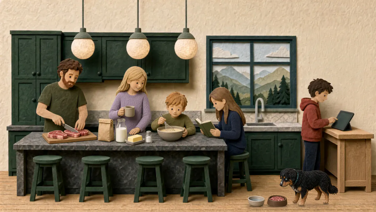Une cuisine en feutre le matin : un père pare des steaks, une mère, son café à la main, regarde un garçon fouetter la pâte à pancakes, une fille lit à l'îlot, et un garçon consulte la tablette familiale sur un petit bureau pendant que le chien mange dans sa gamelle.