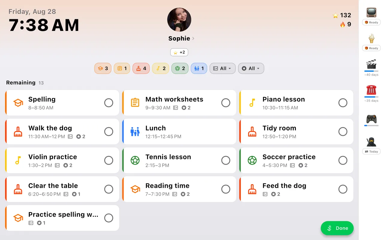 A tablet in kiosk mode showing Sophie's day: a clock, her photo and name, and task cards like “Walk the dog” and “Violin practice”, each with a circle to check off.