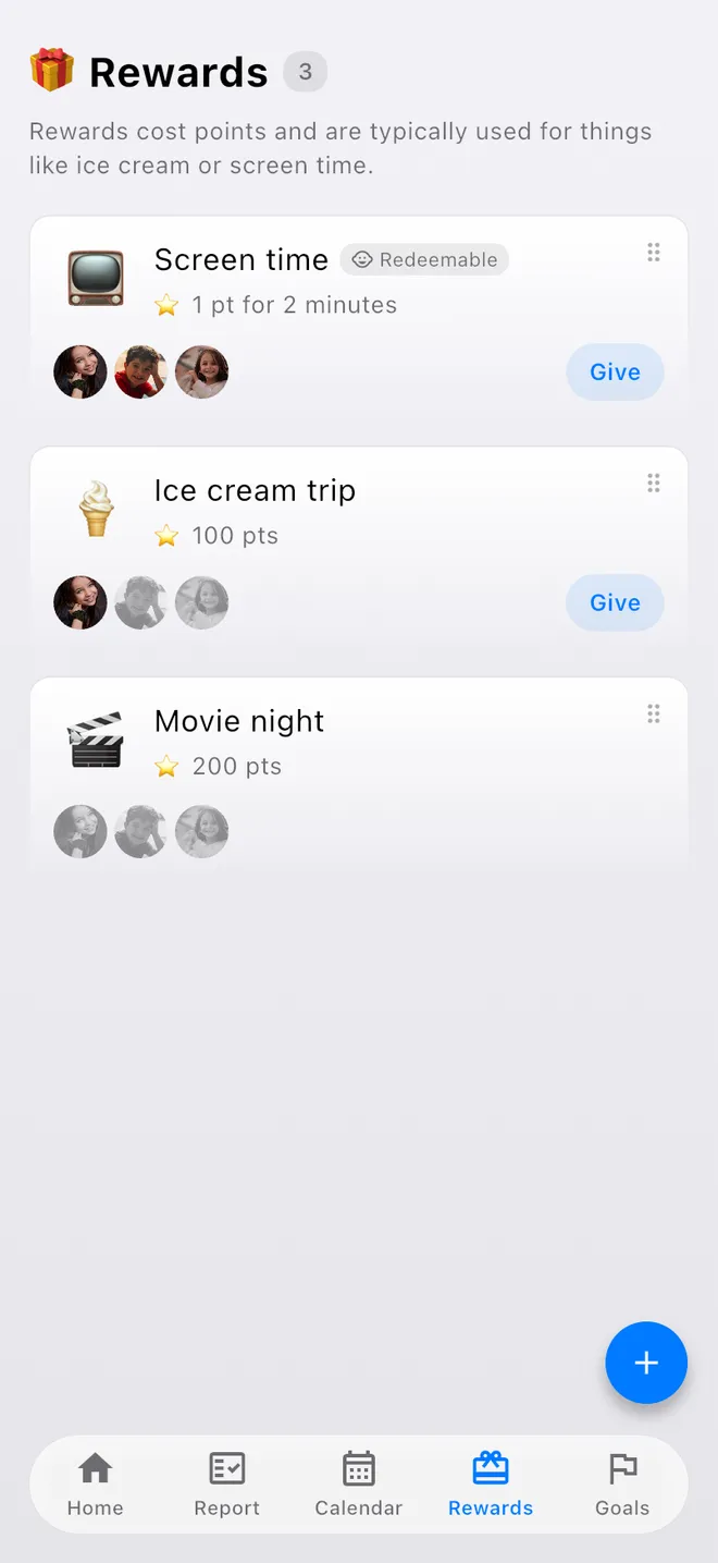 A phone showing the rewards catalog: Screen time, priced by the minute and marked redeemable; an ice cream trip; and a movie night, each with the faces of the children who can afford it.